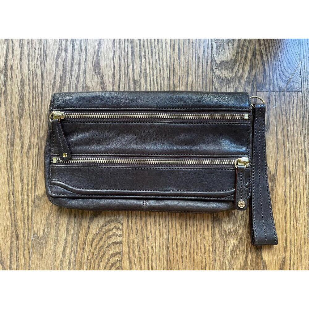 MZ Wallace Wrist Wallet Dark Brown Leather Double Zipper